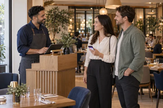 Illustrative restaurant entrance with a host using a tablet to welcome a couple checking their phone.